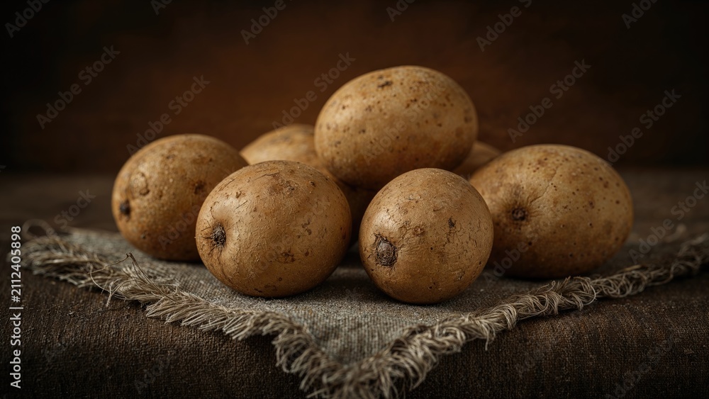 Fototapeta premium Group of potatoes on a rustic cloth with a blurred background.