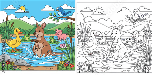 Obraz na plátně Cartoon animal friends playing in a sunny pond: kangaroo with joey splashing, du