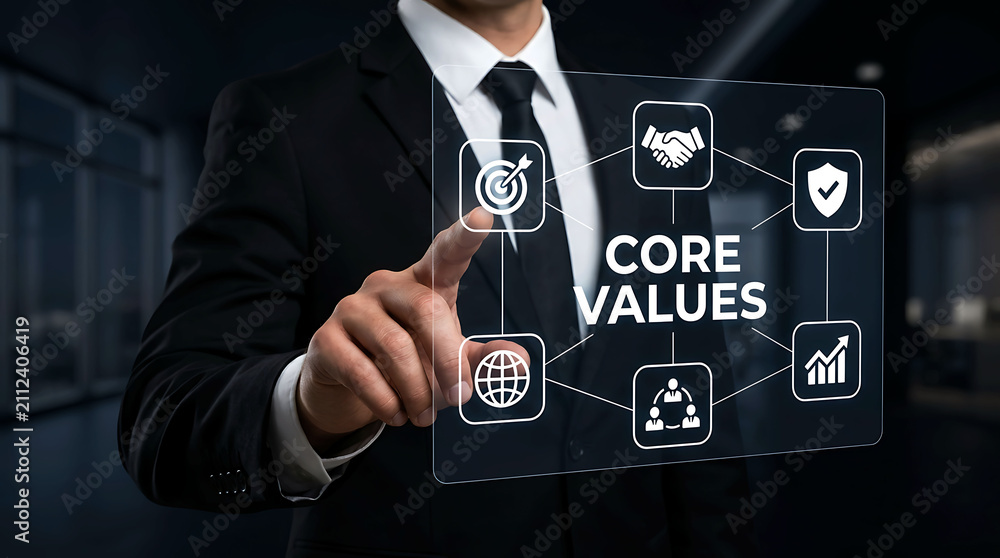 Obraz premium Businessman touching target icon on virtual core values display screen