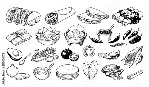 Foto Hand Drawn Mexican Food Sketch Collection with Traditional Latin American Cuisin