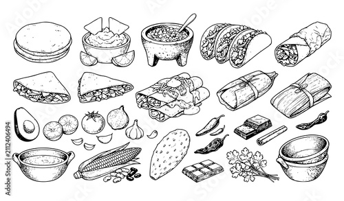 Cuadro en lienzo Hand Drawn Mexican Food Sketch Collection with Traditional Latin American Cuisin