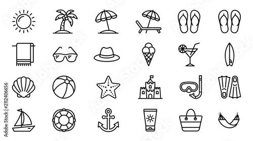 Foto Beach icons featuring summer vacation essentials are arranged in a grid pattern to represent a relaxing holiday theme