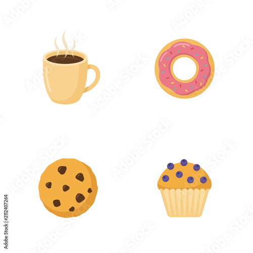 Delicious breakfast set featuring a hot cup of coffee, a pink frosted donut, a chocolate chip cookie and a blueberry muffin on white
