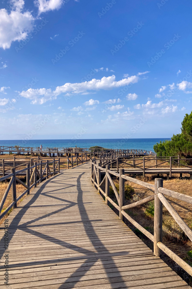 Obraz premium Wooden walkway leads through protected sand dunes covered with native coastal vegetation toward the Mediterranean shoreline in Cabopino, Spain