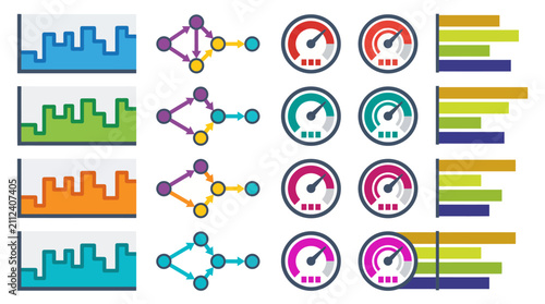 Graphs and gauges illustrate network traffic levels and system optimization metrics in a digital interface.
