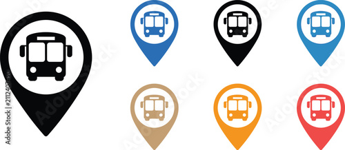 Obraz na płótnie Diverse bus stop location pointers: black, blue, tan, orange, and red with bus s