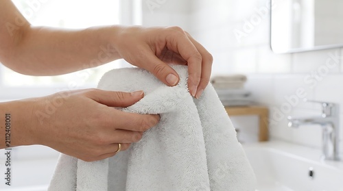 Soft white cotton towel held by female hands, clean bathroom interior background, fluffy textile texture for spa and wellness concepts