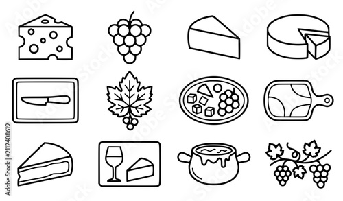 Generic cheese platters and grapes vector icon set with simple bold line art classic complete unbranded gourmet cheese wedge grape cluster charcuterie clip art black and white