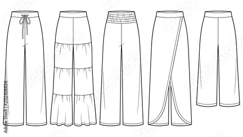womens tiered ruffle and wrap leg pants fashion flat sketch vector illustration