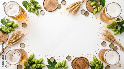 Fresh lager beer mugs with green hops and wheat border on white background for brewery concept