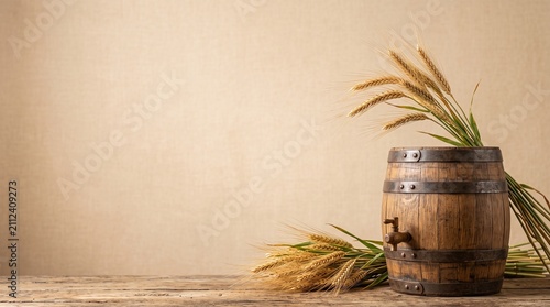 Wooden barrel with ripe wheat spikes on rustic wooden table