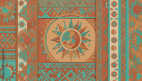 Colorful Moroccan-style wall hanging with sun and moon motifs. Artistic textile decor for bohemian interiors.