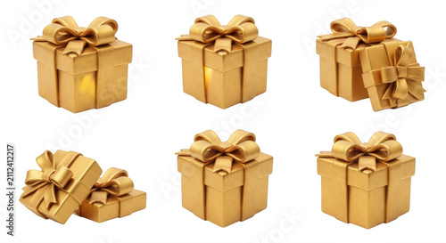 golden gift boxes arrayed on white background for holiday shopping or special occasion celebration