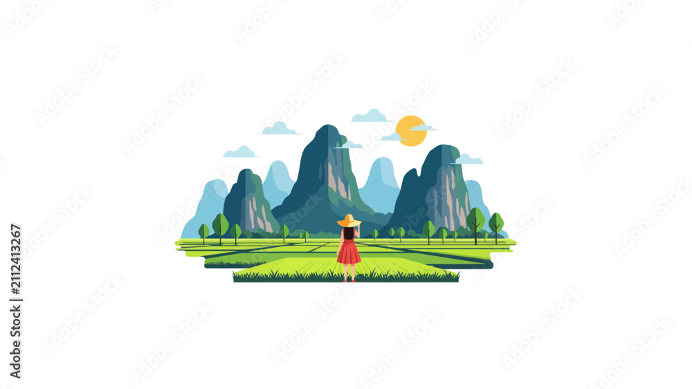 Obraz premium Woman in Red Dress Overlooking Mountain Landscape