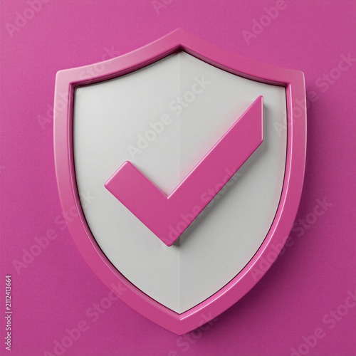 Pink and white shield with pink check mark symbolizes approval security and quality. A pink outline surrounds a white shield face with a pink tick. This icon represents confirmation success.
