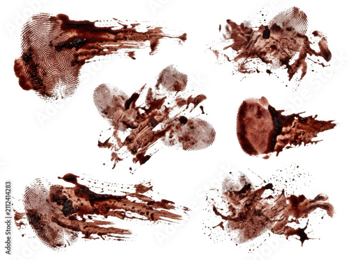 Bloody fingerprint smudges isolated on transparent background. Forensic crime scene concept for thriller design.