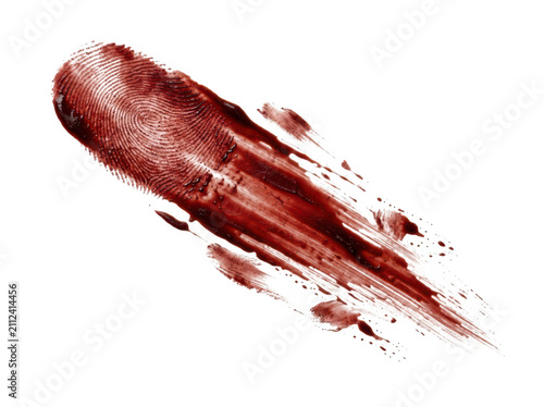 Bloody fingerprint smear isolated on transparent background. Forensic crime scene evidence for horror design.