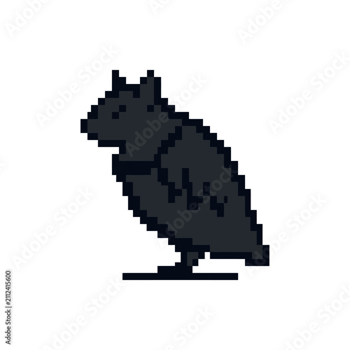 Pixel art crow silhouette standing on white background.