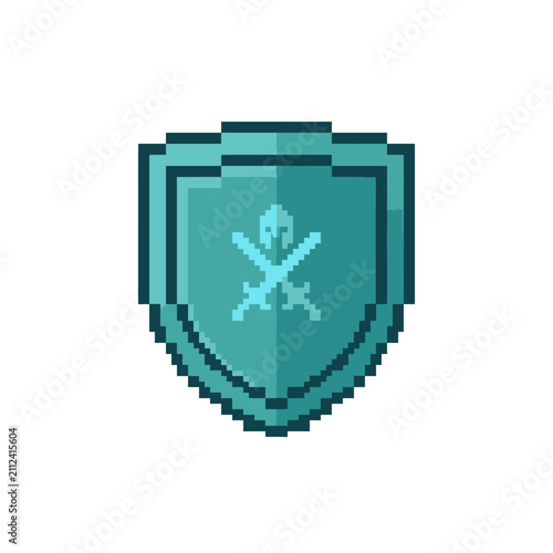 Pixel art cyan shield with crossed swords and warrior helmet icon isolated on white