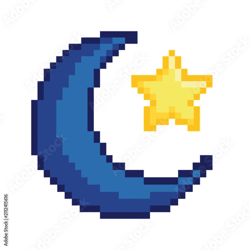 Pixel art crescent moon and yellow star.