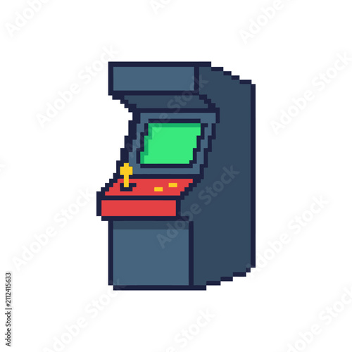Pixel art dark arcade machine green screen.