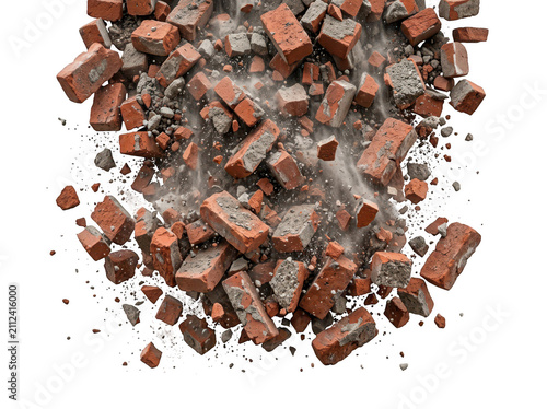 Exploding red bricks and concrete debris in mid-air with dynamic smoke isolated on transparent background. Perfect for.