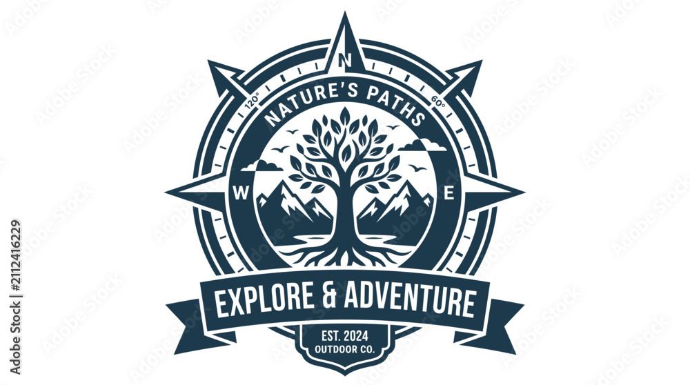 Fototapeta premium Vintage style outdoor adventure badge with compass and tree.