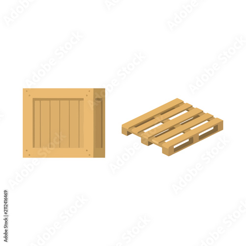 Wooden shipping crate and empty cargo pallet for logistics and warehouse storage solutions isolated on a clean white background