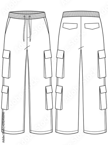 mens wide leg baggy y2k streetwear cargo pant flat sketch vector illustration front and back view technical cad drawing template