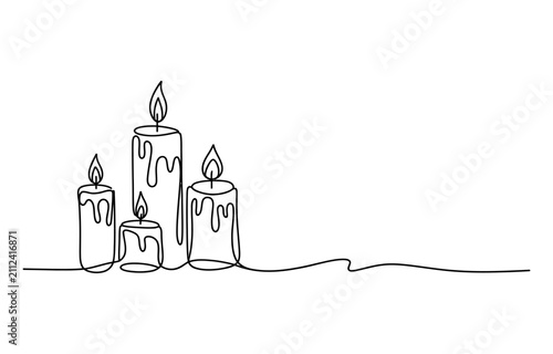 Continuous single line drawing of three burning candles with flickering flames