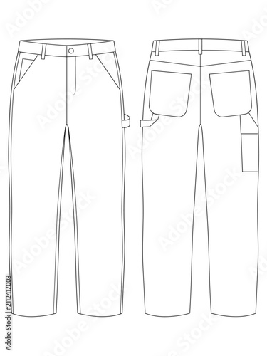 unisex carpenter skate pant streetwear teen flat sketch vector illustration front and back view technical cad drawing template