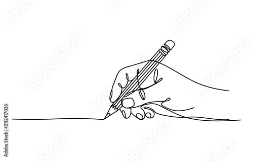 Continuous single line drawing of a human hand holding a pencil and writing on a flat surface