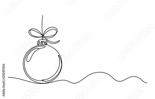 Continuous single line drawing of a christmas ornament bauble with a bow