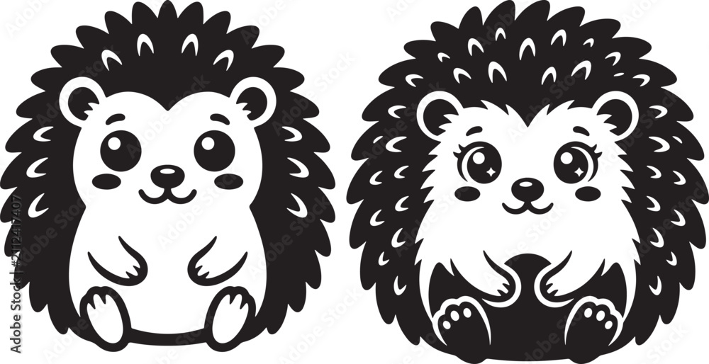 Obraz premium Cute cartoon hedgehog silhouette pair in black and white vector graphic illustration with hedgehog silhouette illustration wildlife