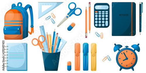 Back to school vector illustration set with backpack, notebook, calculator, alarm clock, and stationery supplies