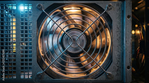 Spinning cooling fan behind a metal wire grill inside an illuminated telecommunications server chassis