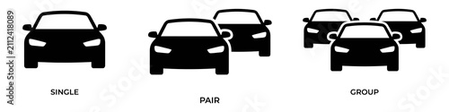 A set of three black car icons representing different vehicle traffic density levels from single car to multiple cars on road