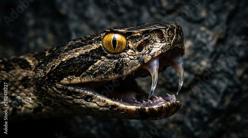 Close-up of a pit viper's head as its fangs strike forward, showcasing a terrifying predatory action.