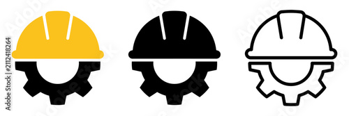 Set of construction icons featuring hard hat helmets combined with mechanical gear symbols representing industrial engineering safety and professional building site work