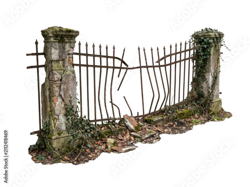 An old broken metal fence with stone pillars isolated on transparent background. Useful for horror concept design.