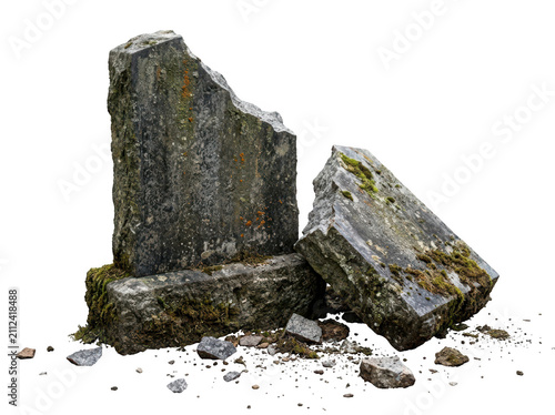 Ancient broken gravestone with moss isolated on transparent background. Ideal for Halloween cemetery scene designs.