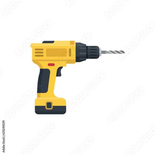 Cordless power drill in yellow and black with a metal drill bit for construction, assembly, and home improvement repair projects