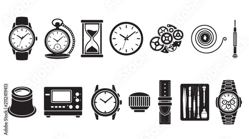 Bild auf Leinwand Watchmaker repair tools and clock icons set, black and white horology equipment