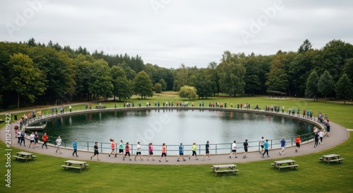 Group of diverse participants enjoying a spirited fun run around a scenic lake surrounded by lush green trees.