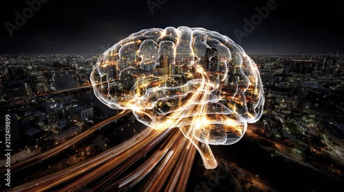 Brain over cityscape at night