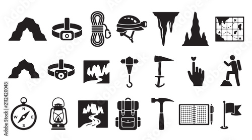 Foto Caving and speleology icon set, 21 black vector silhouettes for cave exploration