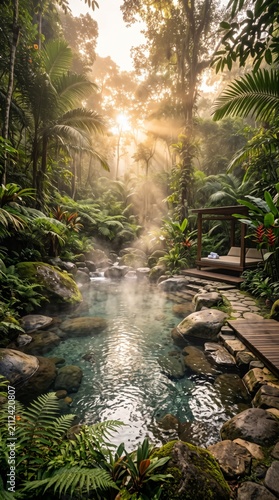 Tranquil jungle retreat featuring a foggy stream surrounded by vibrant foliage in a tropical rainforest setting