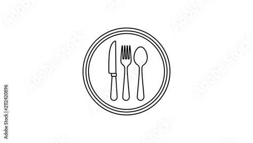 Fork and spoon crossed inside circular restaurant emblem, monochrome vector line art, isolated on white background minimalist black and white vector line art, isolated on white background, SVG vector 