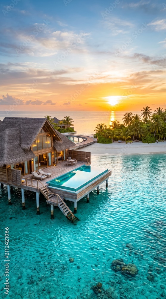 Fototapeta premium Stunning overwater villa at sunset embraced by crystal clear turquoise waters and a tropical paradise setting
