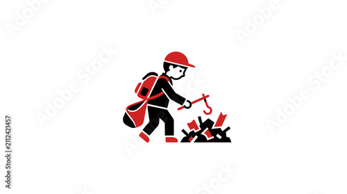 Boy Collecting Trash with Backpack and Tools, Environmental Cleanup Concept